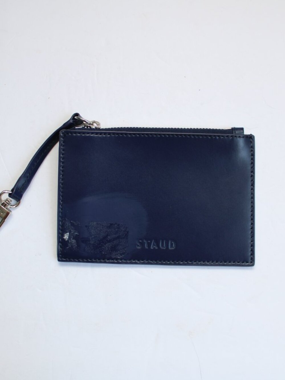 Staud Navy Blue Leather Zipper Pouch Wallet Cosmetic Bag